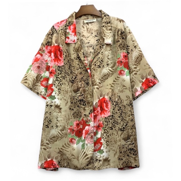 Donnkenny Tops - VTG DonnKenny SILKY BUTTON-UP SHIRT TOP Leopard & Pink/Red Roses Grannycore XL-P